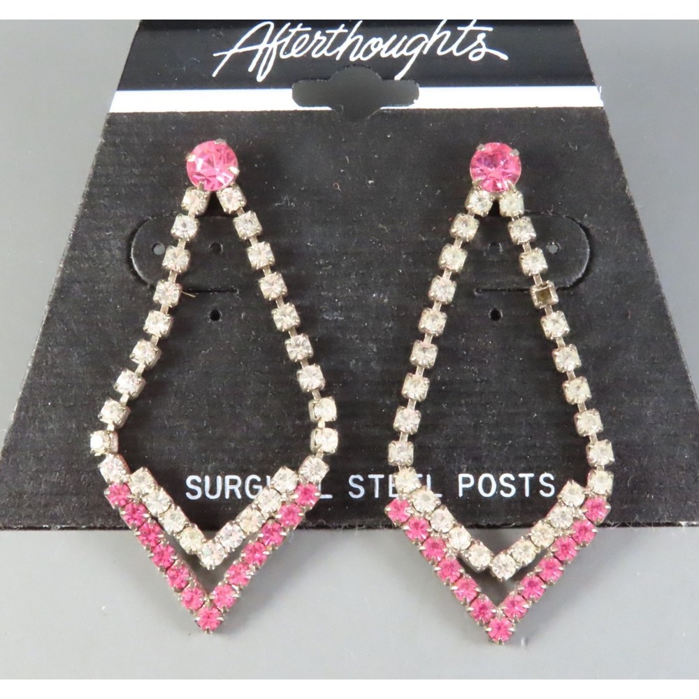 Vintage CLEAR & PINK RHINESTONE Dangle Earrings Silver Tone COCKTAIL FANCY DROP